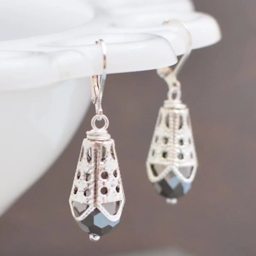 Silver Iris Glass Teardrop Earrings